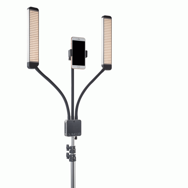 GLAMCOR Multimedia X Doppelarm-Tageslicht Lampe mit 672 LED, inkl. Fernbedienung, Kamera- und Tablet Clip, Smartphone Halterung,  Spiegel mit Clip und Tragetasche mit Trolley Lasche